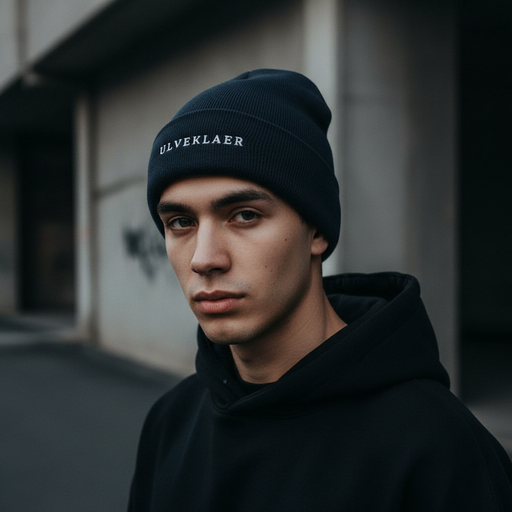 Black & Navy Beanie | 60% Cotton & White Embroidery by Ulveklaer