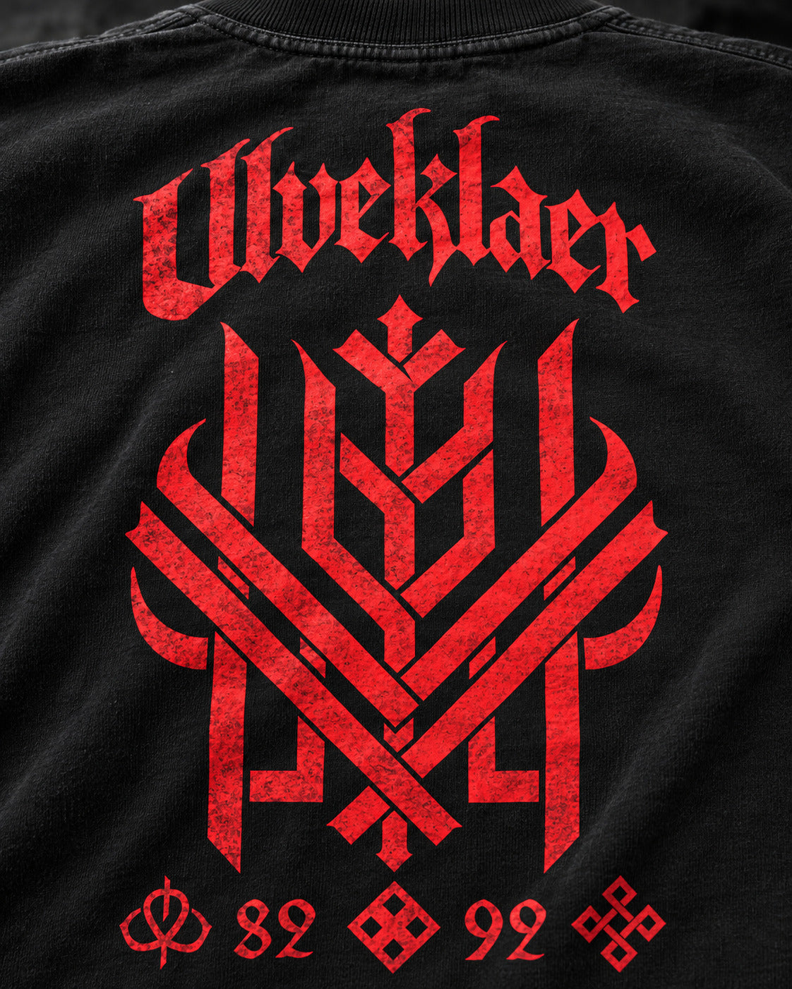 ULVEKLAER Nordic Rune Tee Black & Red — fabric close-up
